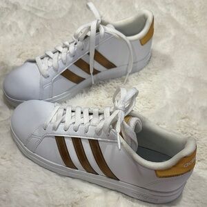 adidas White Sneakers with Metallic Gold Stripes